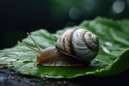 Macro shot of snail on a green leaf