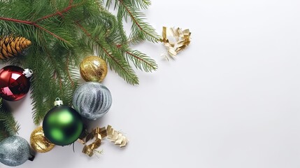 Christmas tree branch with Christmas decorations on white background, Christmas postcard