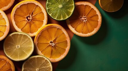 Sliced dried citrus fruits on green background