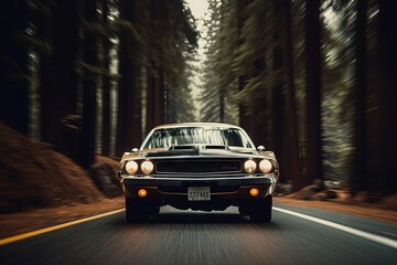 Black vintage car driving through a foggy forest