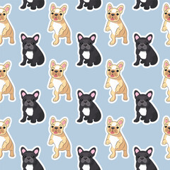 Seamless pattern of beige and black French bulldog puppies on a blue background
