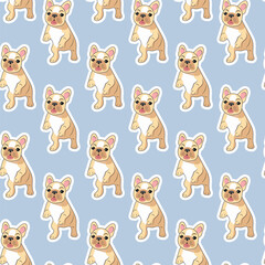 Fototapeta premium Seamless pattern of beige cute playful French bulldog babies on a blue background