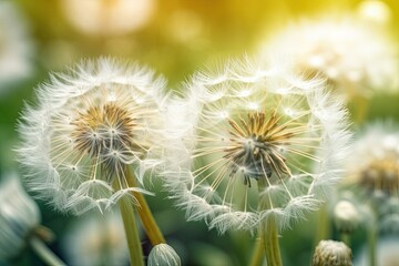 Dreamy dandelion field with two dandelions on focus