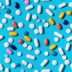 Different pharmaceutical colorful medicine pills, tablets and capsules on bright blue background. Medicine creative concepts. Seamless pattern. Flat lay top view with copy space