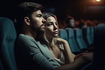 Couple sitting in cinema and watching film
