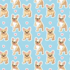 Fotobehang Speelgoed Seamless pattern of beige sitting and jumping cute baby French bulldogs on a blue background with hearts