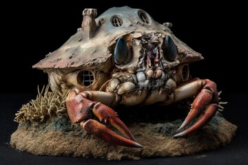 Cute fantastic crab with house, crab with claws, ocean food, marine creatures. 