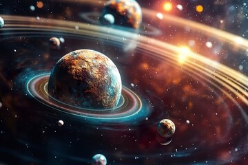 The holographic solar system of planets swimming through nebulous space time realistic close up photo.