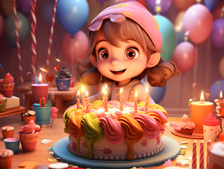 A cartoon girl blowing candles on birthday