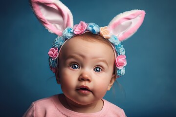 Cute baby child with Easter bunny ears and flowers headband, Easter concept