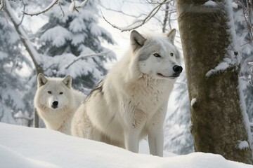 Naklejka premium Stunning wolves thrive amidst a winter wonderland. Generative AI