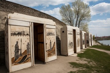 Replica graphics show dry closets near the ancient fortress wall in Pskov. Generative AI - obrazy, fototapety, plakaty