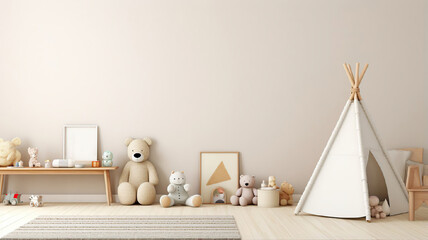 Light interior of a kids room with an empty walls, different cute toys and a little teepee tent. Mockup for wallpaper print