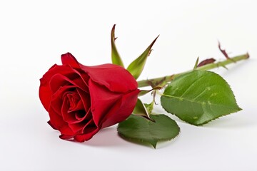 A beautiful red rose with a green stem and leaves against a white background. Generative AI