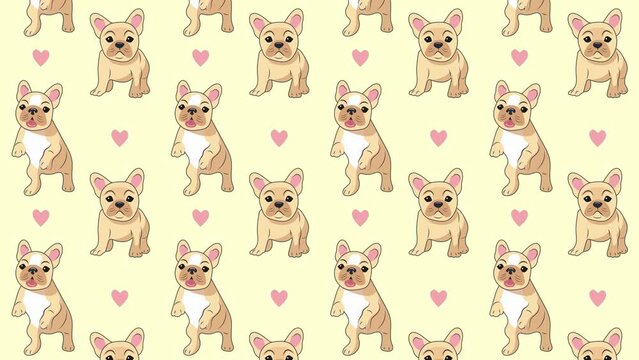 Animated pattern background of cute little beige French bulldog puppies with pulsating pink hearts