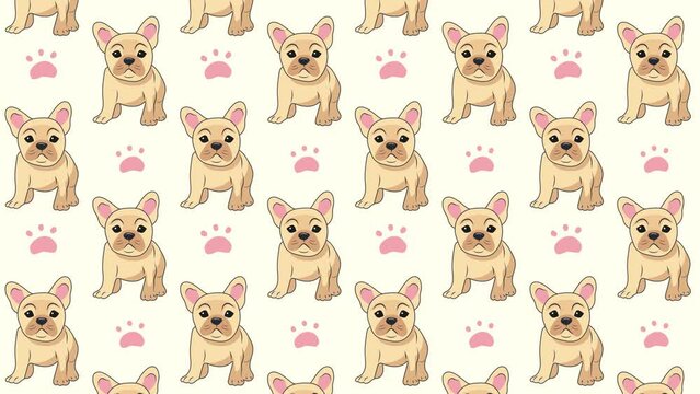 Animated pattern background of cute little beige French bulldog puppies with pulsating pink paw prints