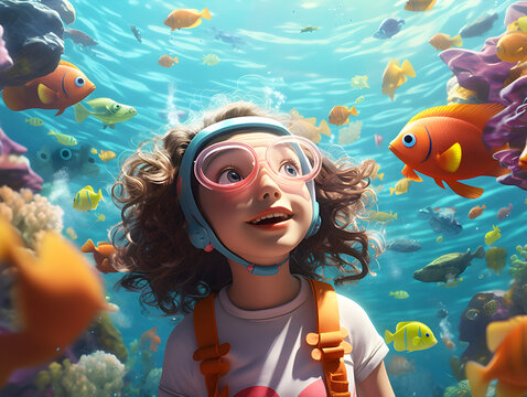 A cartoon girl diving with fish