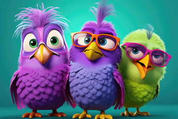 Fototapeta premium Cute little cartoon birds with glasses