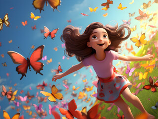 Obraz na płótnie Canvas Cartoon girl playing with butterfly in the garden