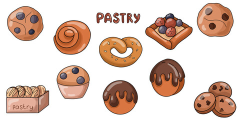 Tasty vector set with pastry. Buns, croissant, cookies, muffins, cake, bagel