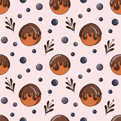 Butter seamless pattern with chocolate pastry and blueberry on pink background. Round croissant and cookies. 