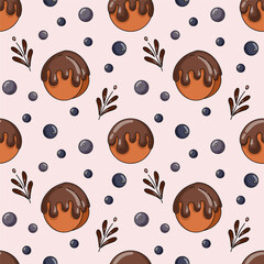 Butter seamless pattern with chocolate pastry and blueberry on pink background. Round croissant and cookies. 