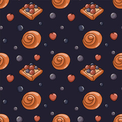 Bright seamless pattern with bun,  cake and berries