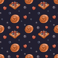 Bright seamless pattern with bun,  cake and berries