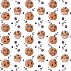 Cute seamless pattern with blueberry cupcakes. 