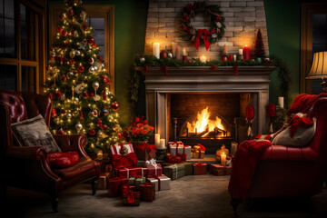 Fototapeta na wymiar A beautiful, cosy living room is decorated lavishly for Christmas with a tree, presents and candles. A warm fire is lit. 
