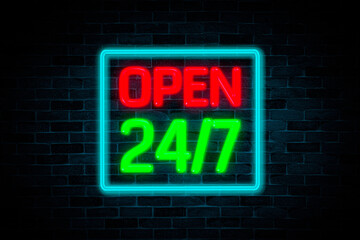 Open 24/7 neon banner on brick wall background.