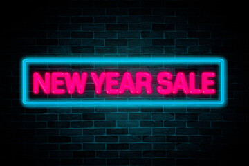 Fototapeta na wymiar New Year Sale neon banner on brick wall background.