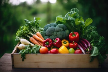 Various colorful raw vegetables in the basket on blurred green background. Banner with organic food. Local food , fresh harvest from garden concept with copy space