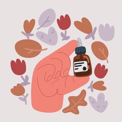 Vector illustration of glass bottle with dropper. Concept of beauty