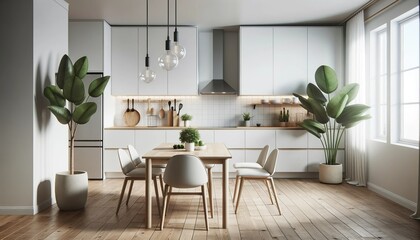 Fototapeta na wymiar Minimalist Scandinavian Kitchen with Wooden Dining Table
