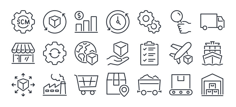 SCM supply chain management concept editable stroke outline icons set isolated on white background flat vector illustration. Pixel perfect. 64 x 64.