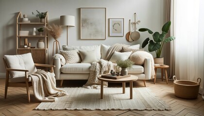Cozy Scandinavian Room with Textured Cream Sofa and Wooden Chair