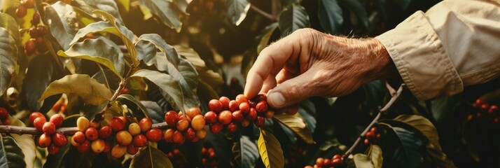 Farmer picking coffee beans on the coffee tree. Worker is gathering coffee beans on plantation in bushy wood. Robusta and arabica coffee berries. Harvest concept - obrazy, fototapety, plakaty