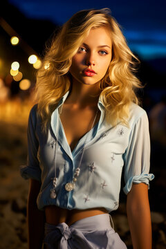 Blonde woman alone on beach at night before partying