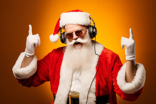 Nightclub invite on christmas party celebration funky crazy santa claus dj in white headset sing song sound melody listen music dance wear stylish x-mas