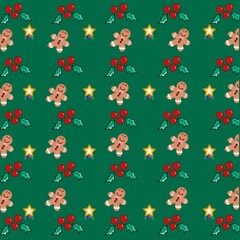 Merry Christmas, cookies and cherries and stars for decoration on green background.