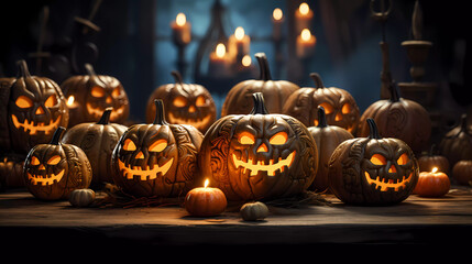 A group of carved pumpkins sitting on a table in front of a window with lights on it and a window behind them