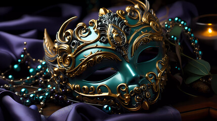 A purple and green mask and beads on a table with a purple ribbon and a green and gold mask