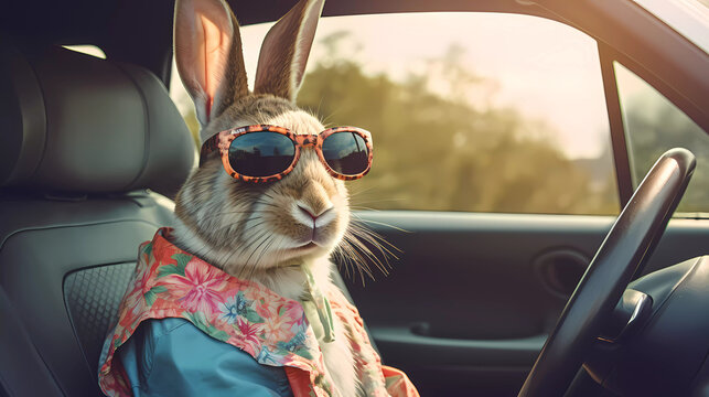 A rabbit wearing sunglasses sitting in a car with eggs in the back seat and a bunny in the front seat