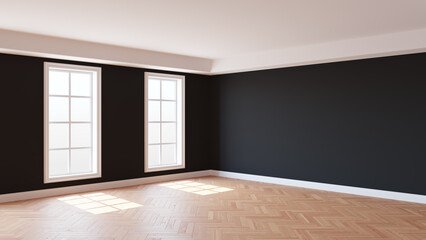 Interior with Black Walls, Two Windows, White Ceiling and Cornice, Glossy Herringbone Parquet Flooring and a White Plinth. Beautiful Room Concept. 3D rendering, 8K Ultra HD, 7680x4320, 300 dpi
