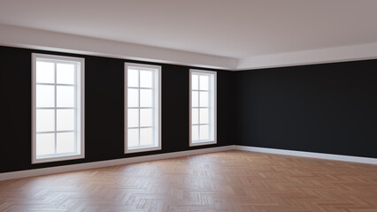 Empty Interior of the Room with Black Stucco Walls, Three Large Windows, Glossy Herringbone Parquet Floor and a White Plinth. Concept of the Unfurnished Interior. 3d rendering, 8K Ultra HD, 7680x4320