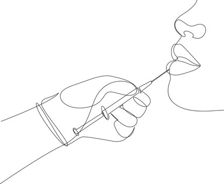 recommend clip art: Continuous line drawing of beauty shot in lips. Gloved hand holding syringe for lip botox injection contour illustration. Beauty procedure concept.