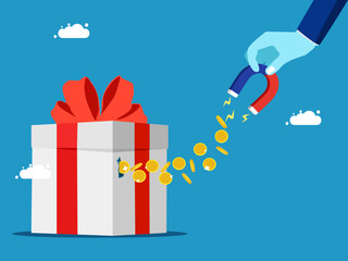 Businessman sucks money out of a gift box. Concept of receiving bonuses. Vector