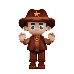 3d Character Sheriff Giving Ok Hand Gesture Pose. 3d render isolated on transparent backdrop.