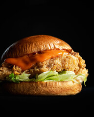 Chicken Burger with Cheese on Black Background